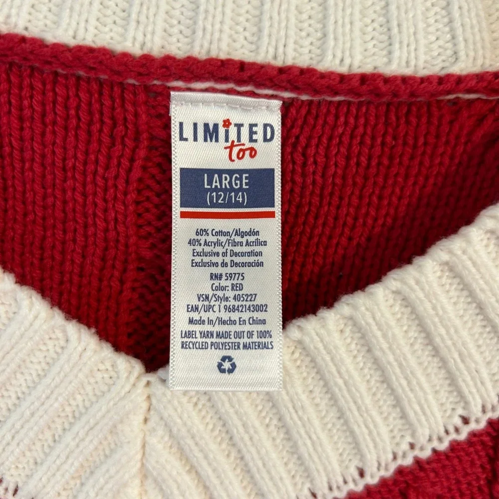 Limited Too Kids Red White V-Neck Cable Knit Sweater Athletic 87 Patch Size Larg